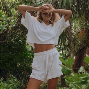 Daily Drills terry cropped collar top in white